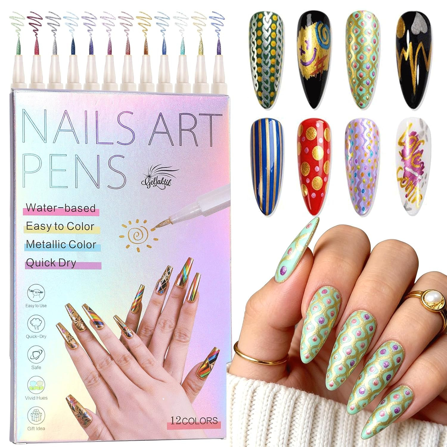 12 Colors Metallic Nail Art Pens 0.5Mm, Waterproof Quick Dry for Nail DIY | Acry