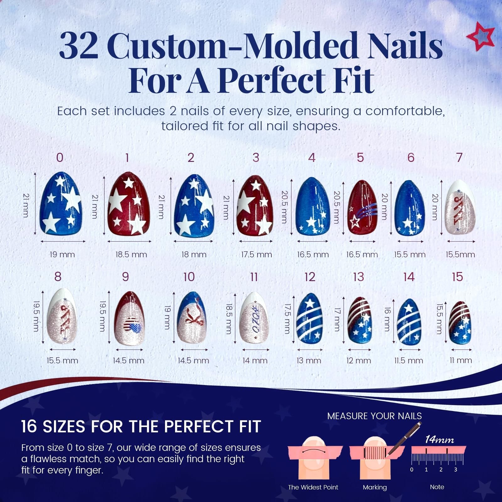 4th of July Press On Nails – Almond Cat Eye, Salon Quality, Reusable 32 Nail Kit