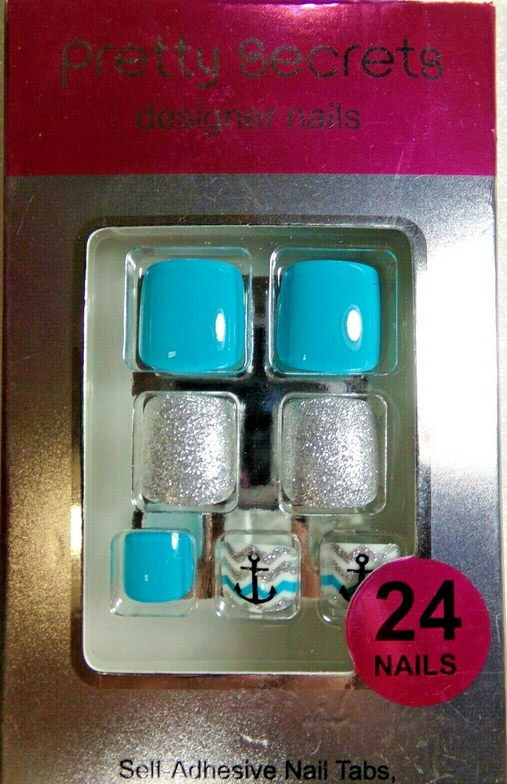 Set Finger & Toe Pretty Secrets Navy Anchors Sailor Aqua Blue Glue on Nail Short