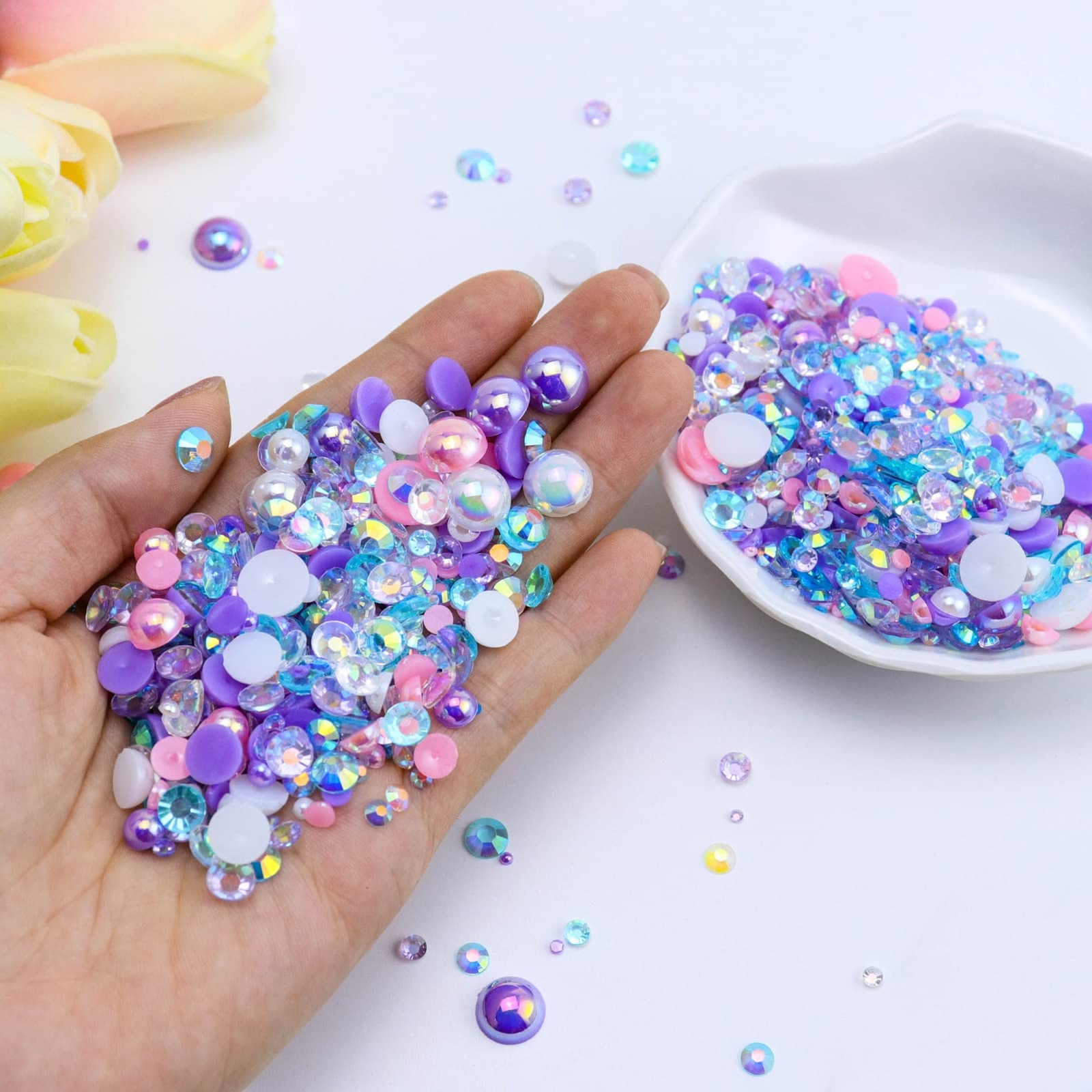 60g Mix Flatback Pearls and Flatback Rhinestones for Crafts 2mm-10mm Pearl Rh…