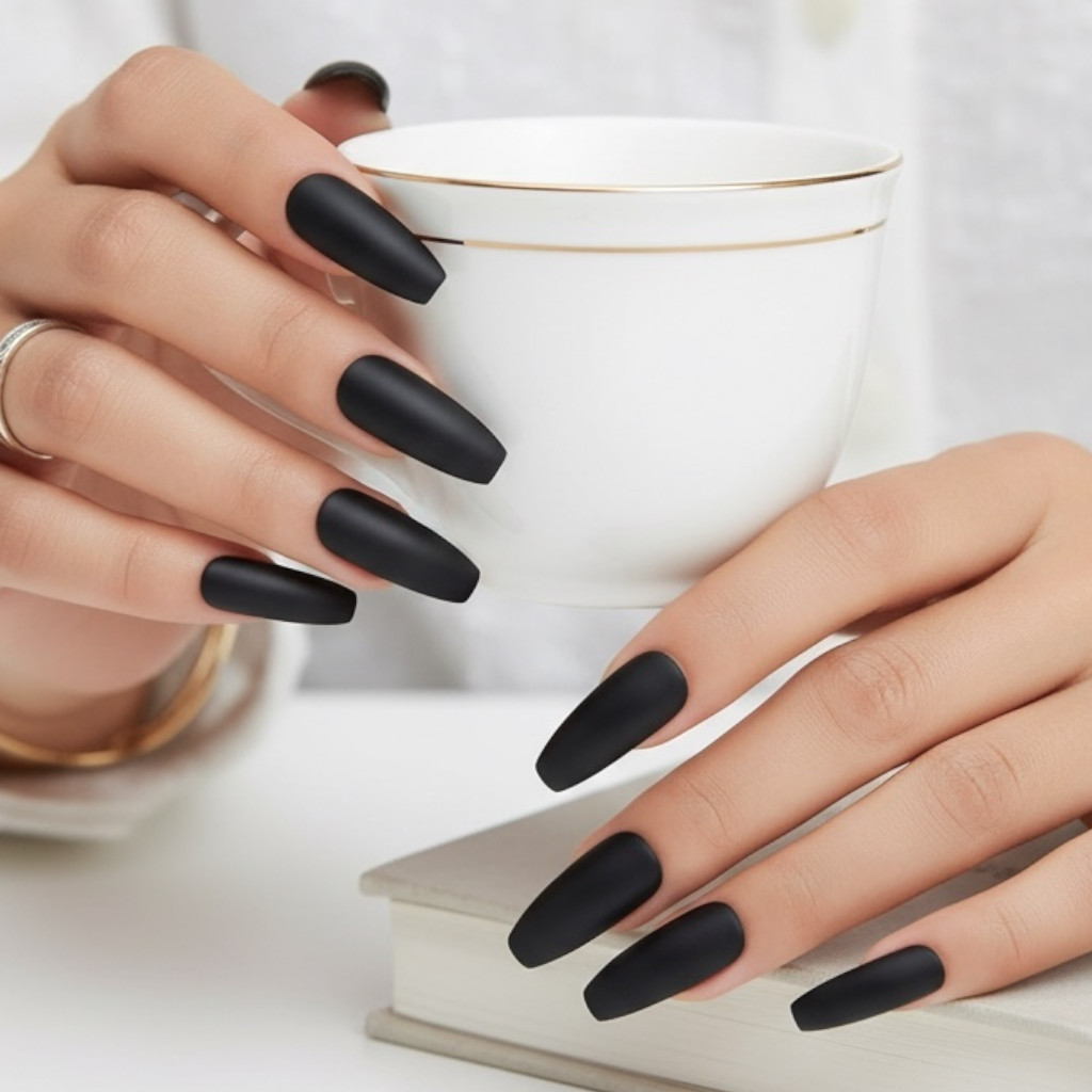 Black Matte Halloween Design Coffin Ballerina Extra Long Press On False Nails