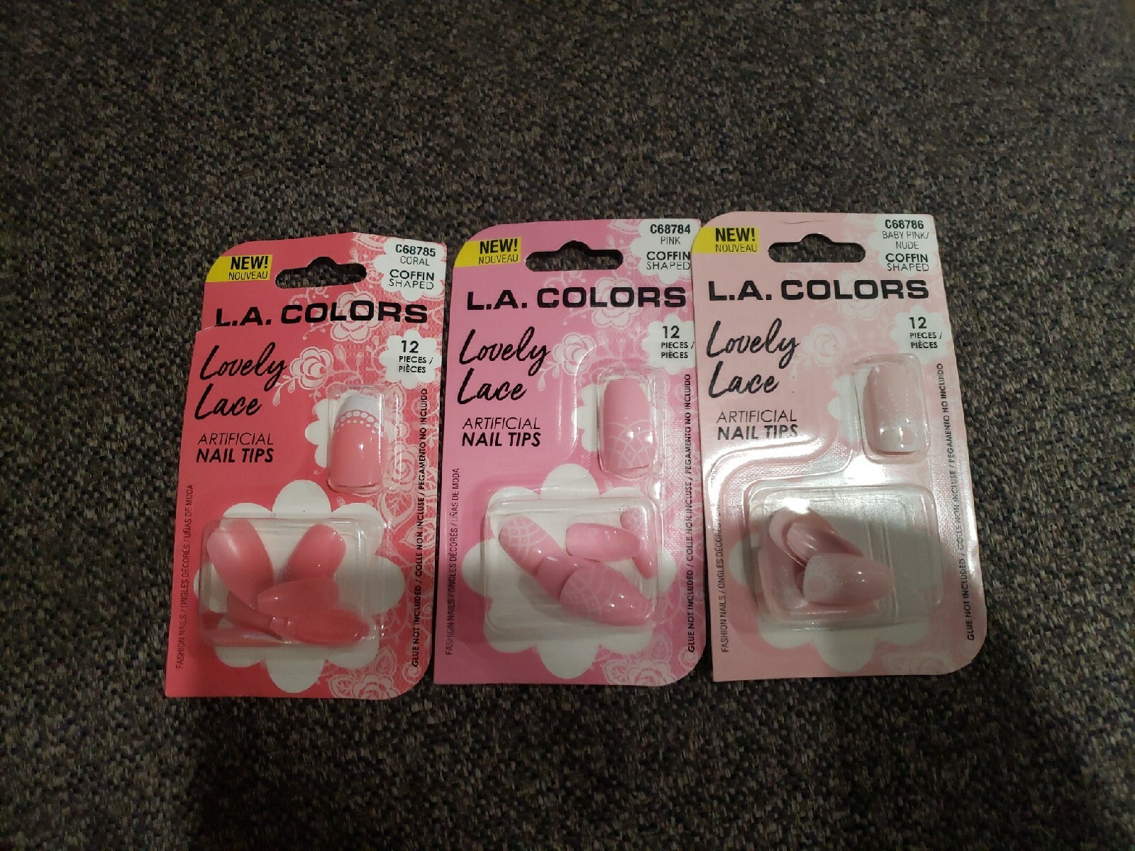 LA COLORS Enchanted artificial nails, lot of 3 Pairs of Lovely Lace 3 Pink Shade