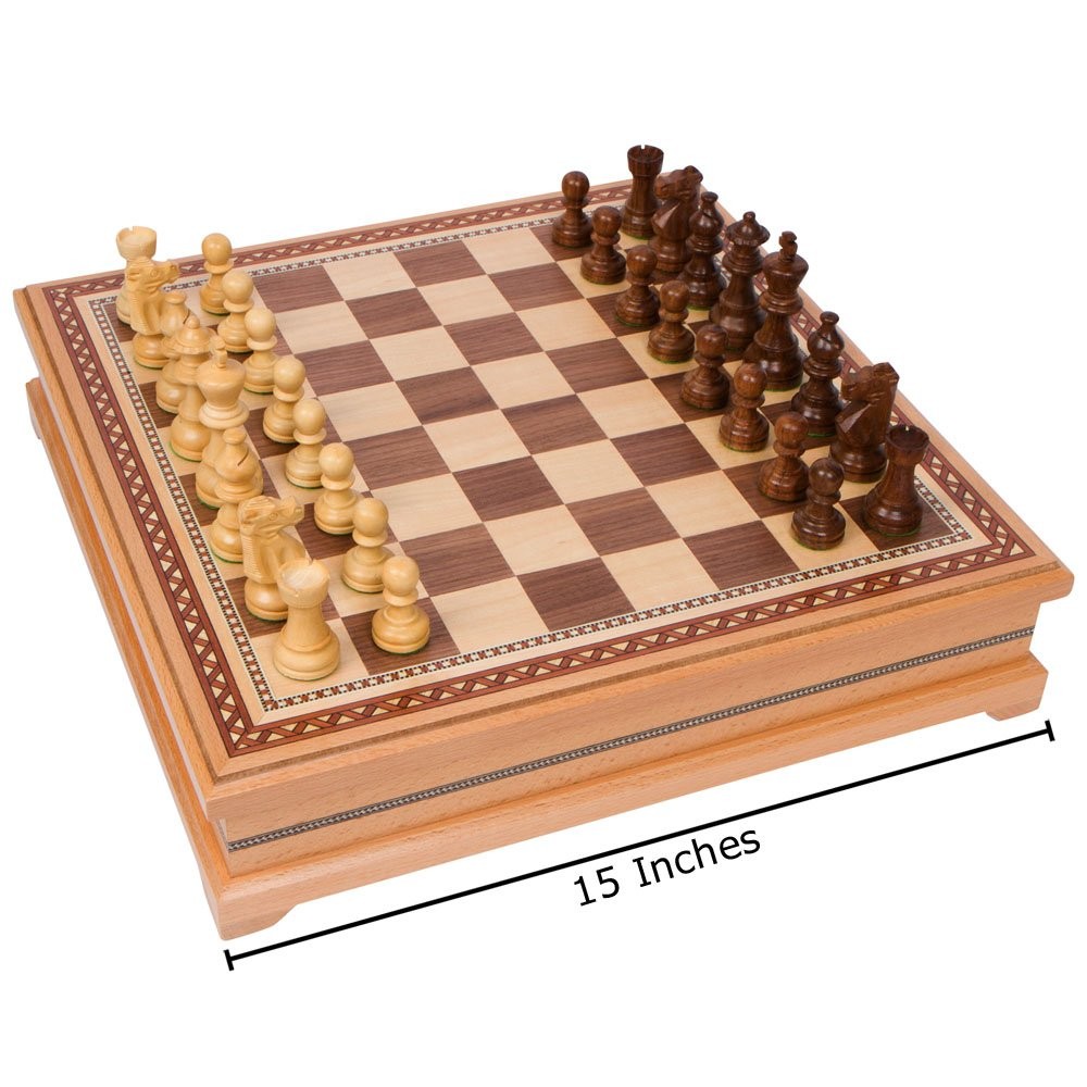 Helen Chess Inlaid Wood Board Game Set with Weighted Large (15 x 15 inches)