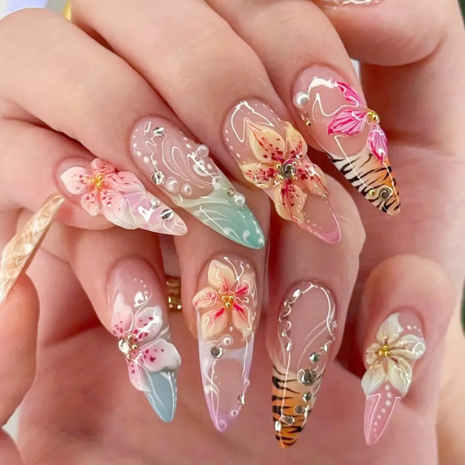 Long Almond Press on Nails, Pink Flowers Fake Nails French Design 24pcs