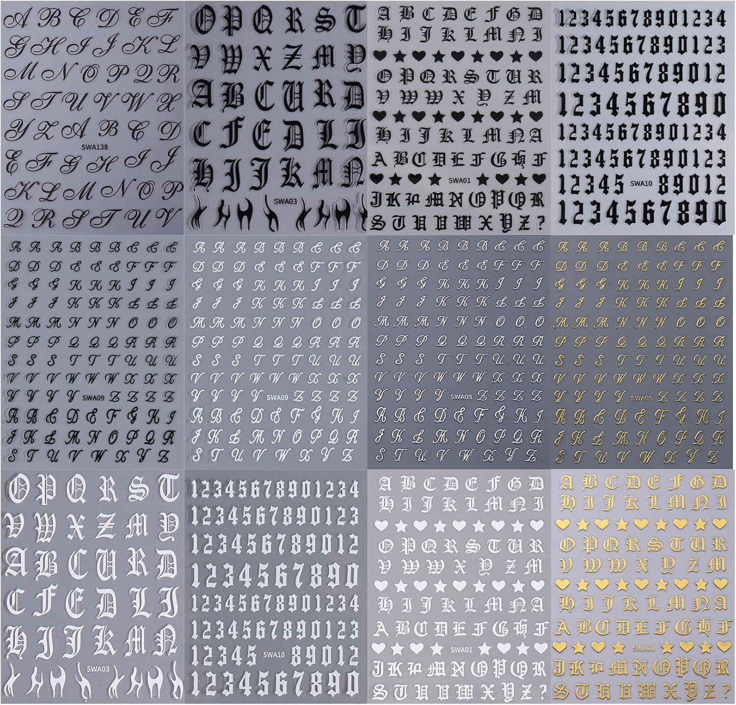 Letters Nail Art Stickers Decals 12 Sheets Alphabet Initial Nail Decals 3D Self-