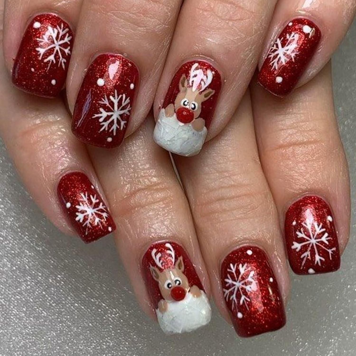 Christmas Press on Nails Short Square Red with White Snowflake Design Cute