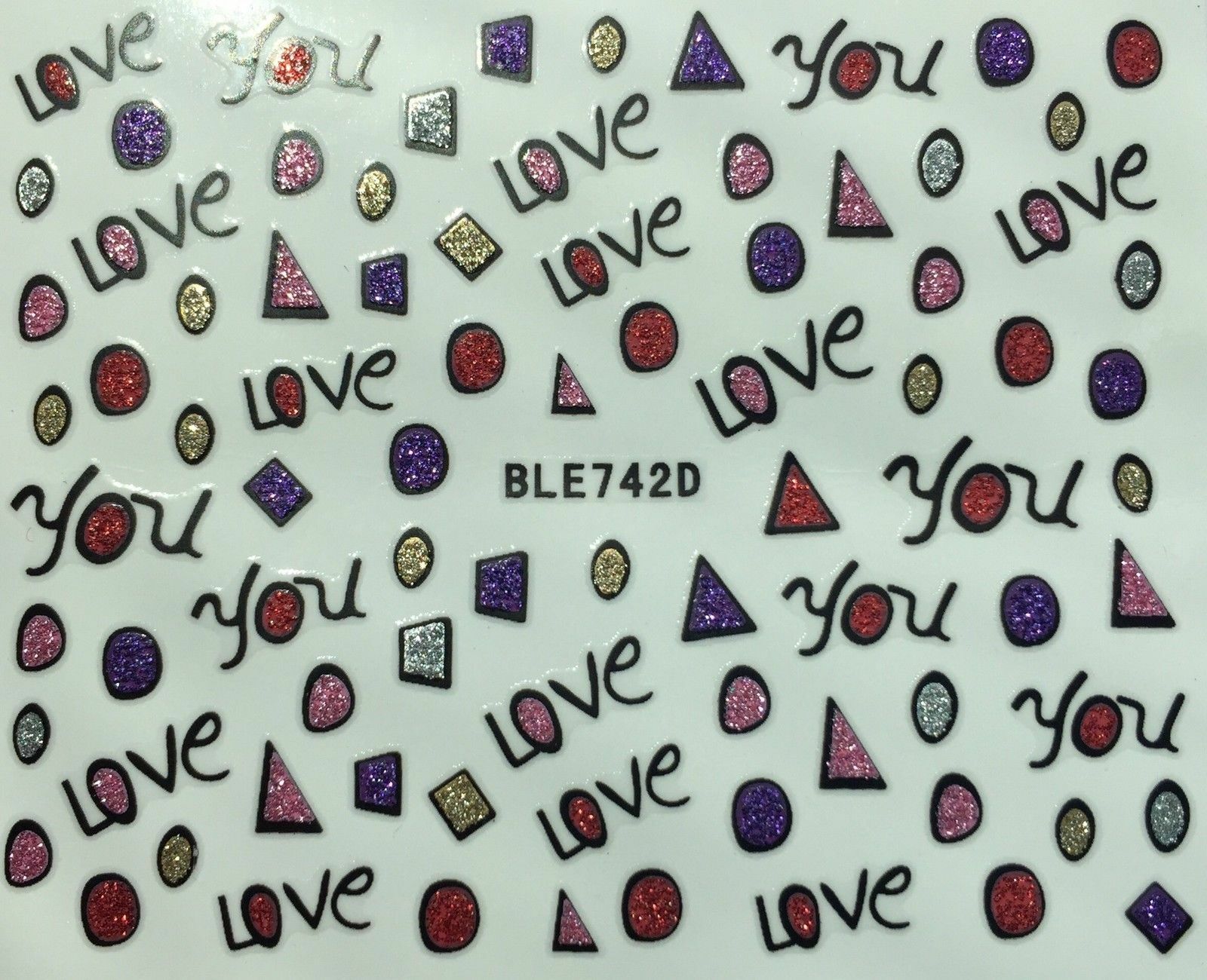 Nail Art 3D Glitter Decal Stickers love geometric shapes triangle circle BLE742D