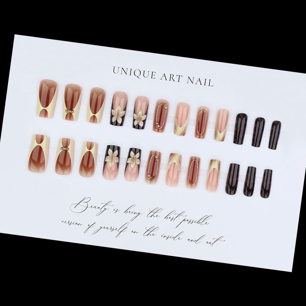 Square Press on Nails Medium Fake Nails with 5D Flower Charm Design Glossy Wh…