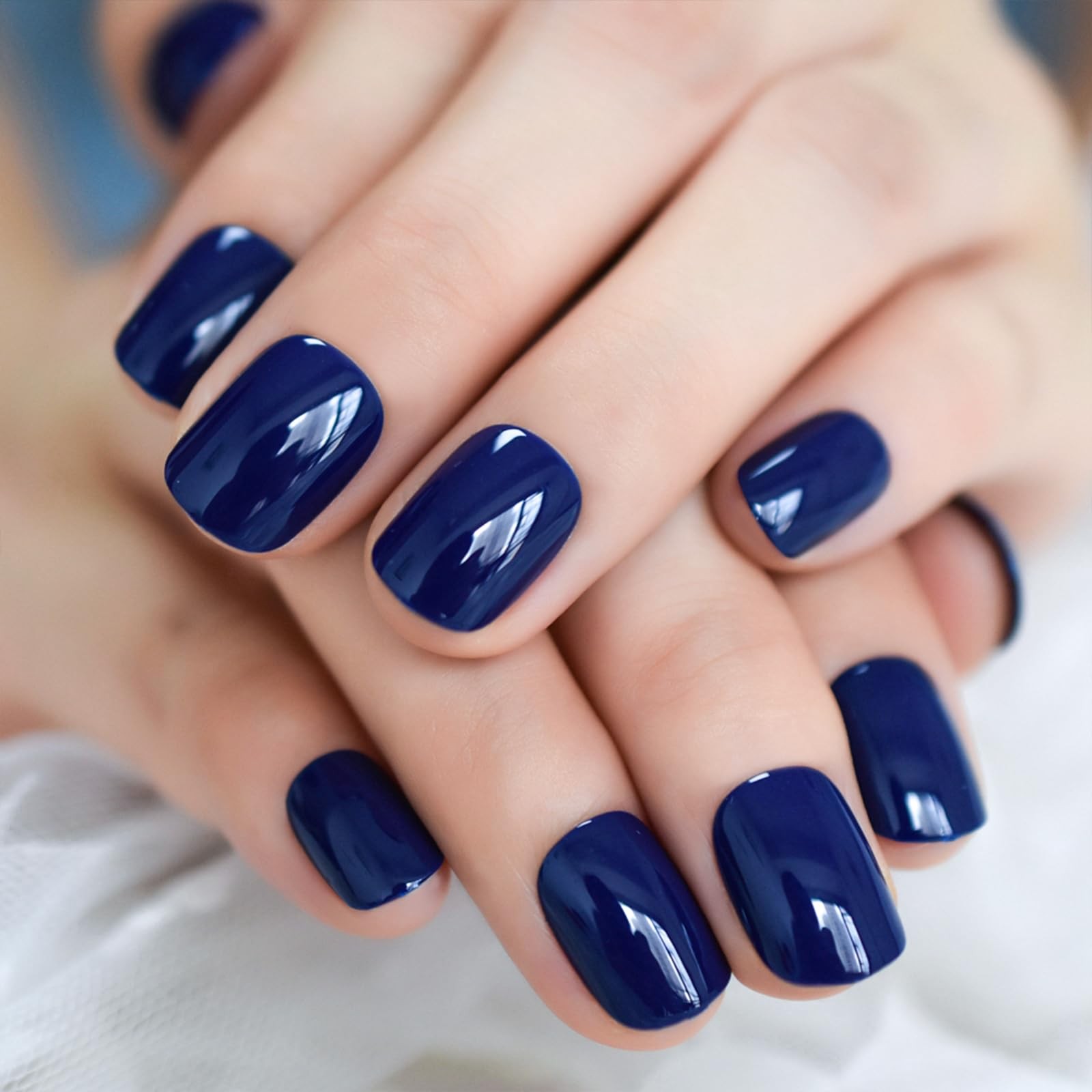 Shiny Glossy Dark Blue Press On Nails Short Round False Girls Squoval Nail Ar…