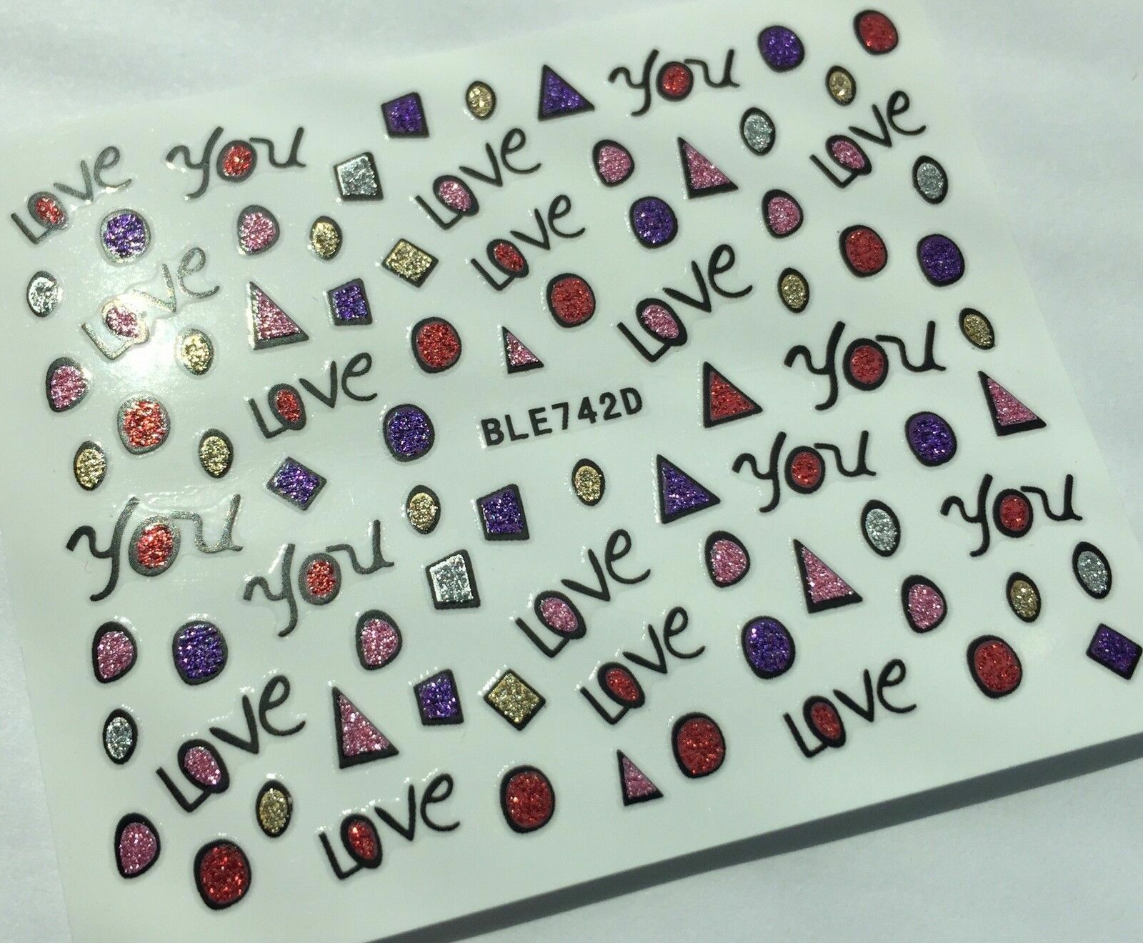 Nail Art 3D Glitter Decal Stickers love geometric shapes triangle circle BLE742D