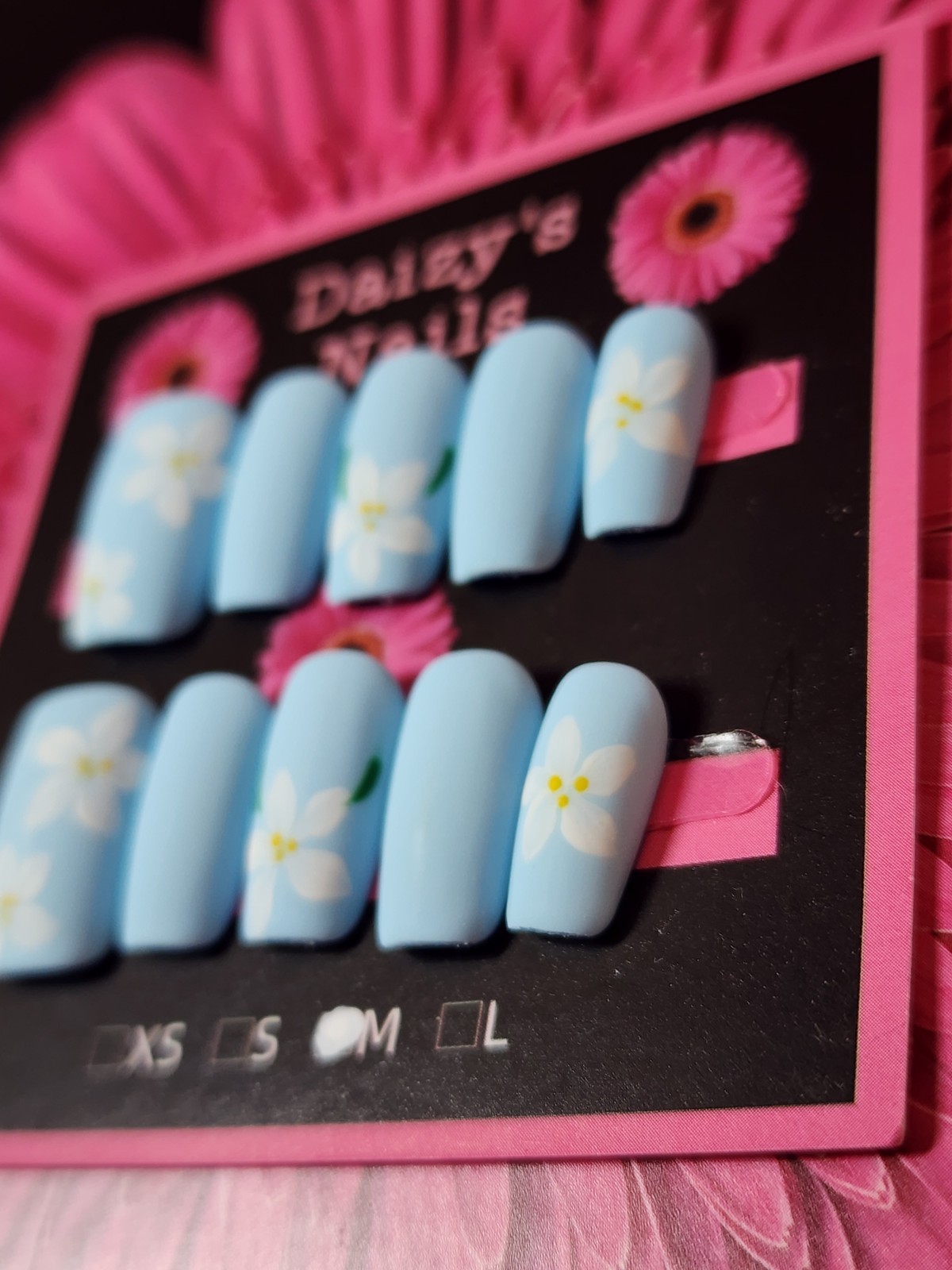 Medium Size Baby Blue Matte Daisy Nail Set Handmade Squoval 2.0 Cm Length