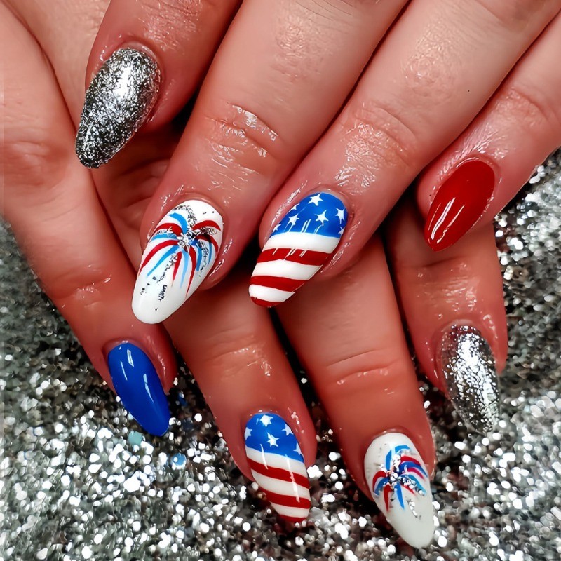 48Pcs-American Flag Star Stripe Press on Nails Glossy Long Almond Nail Art Set