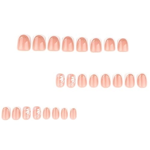 Square Press On Nails Short – Nude Pink French 60-White Flower with Gold Trim