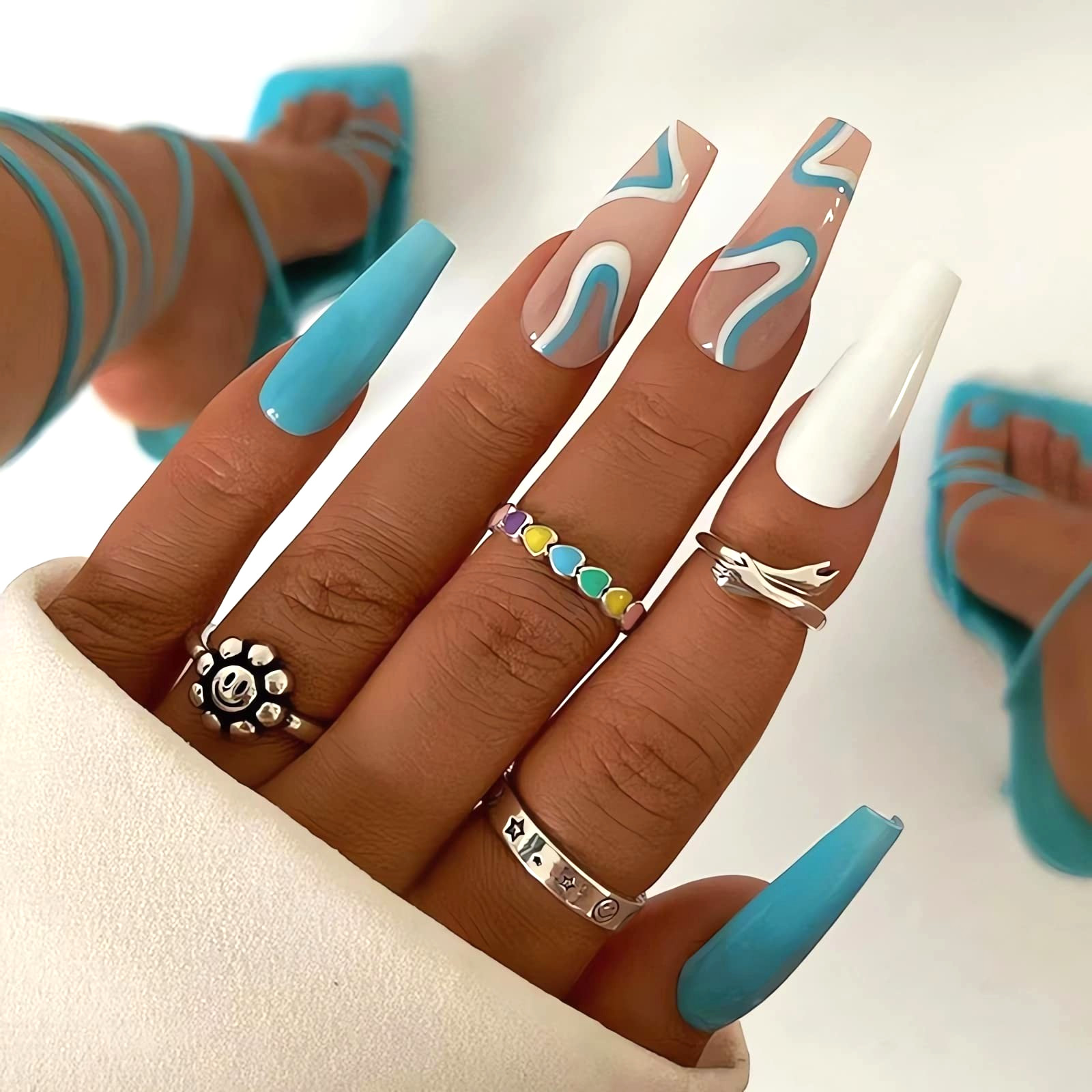 Y2K Blue Swirl White Contrast Long Coffin Press On Nails