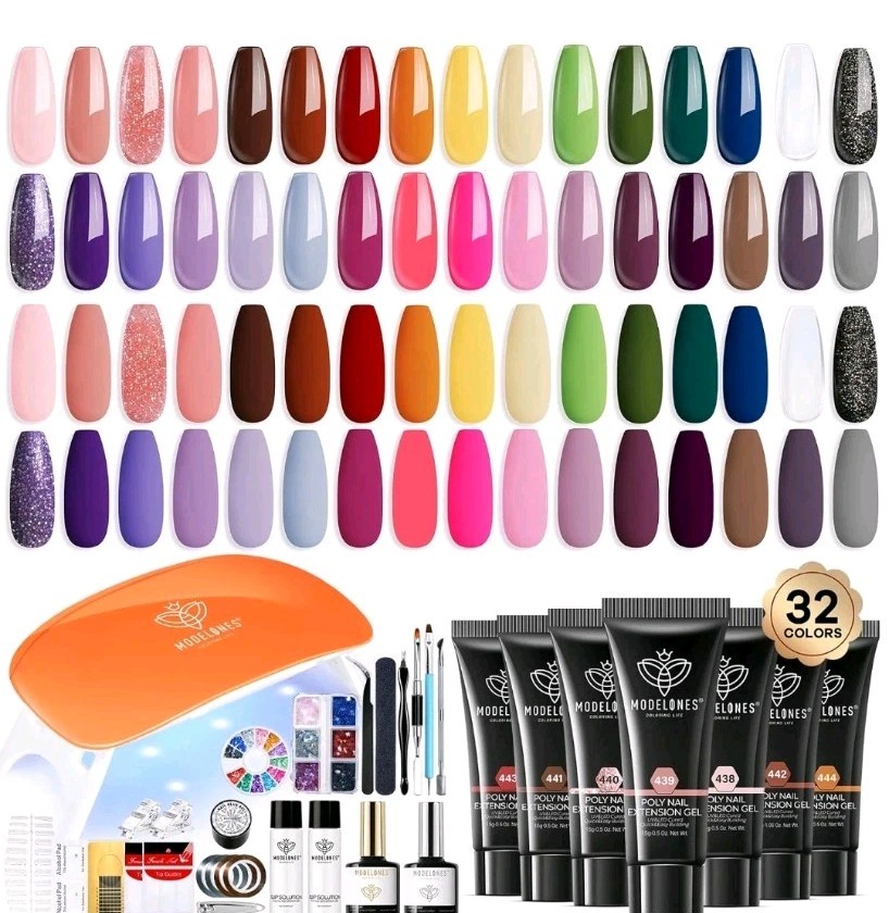 Modelones 133pc Poly Extension Gel Nail Art Kit W UV Light & All Accessories
