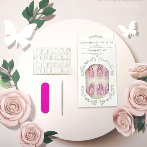 Press on Nails with Flower Design Medium Almond Fake Nails Marble Pattern