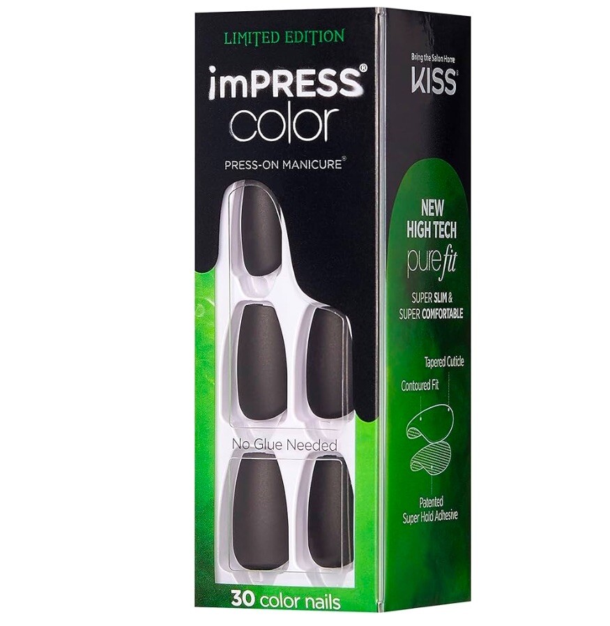 KISS imPRESS Color Matte Black Medium Length Press-On Nails Dark Room New x1