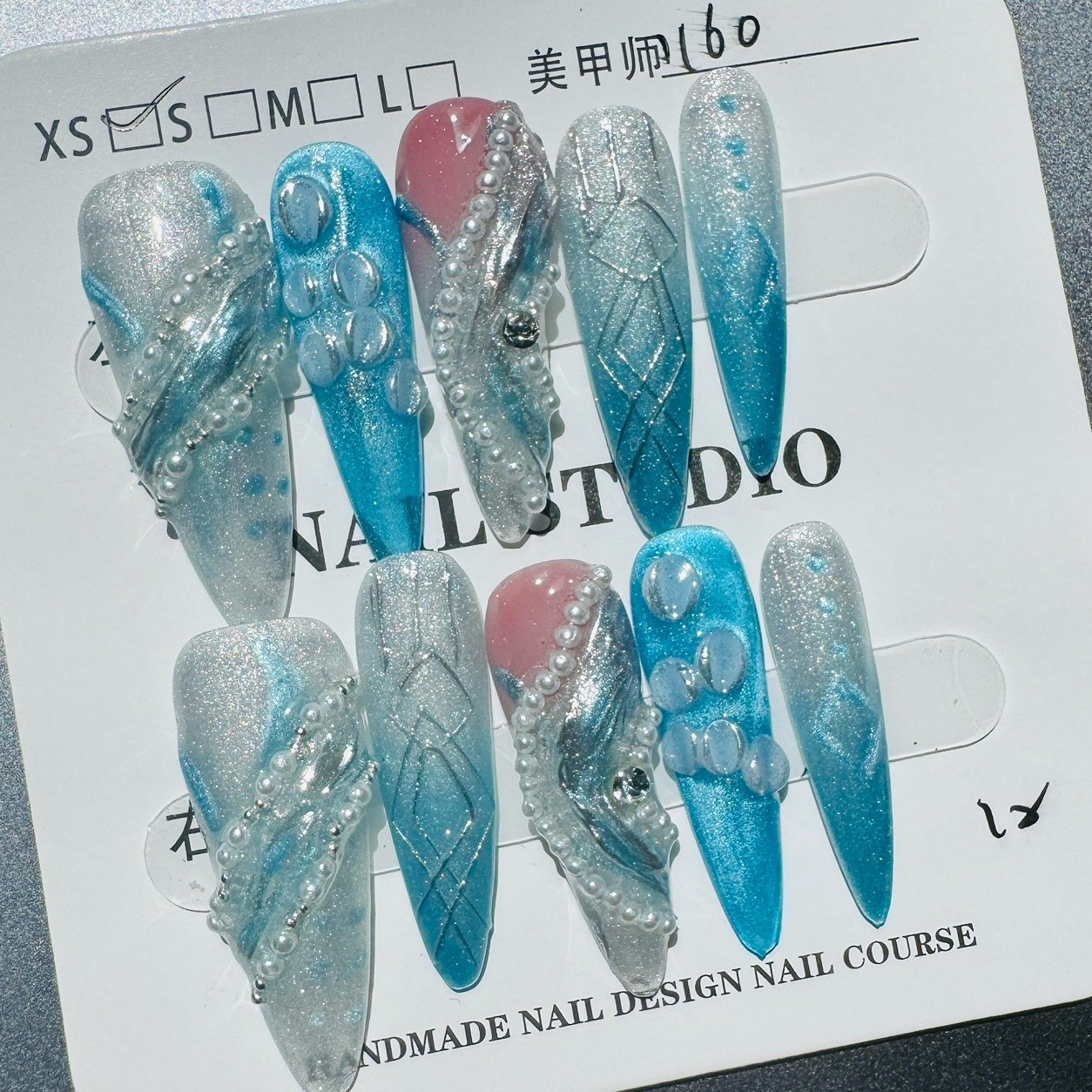 Press-On Nails Long Stiletto Blue/Silver/Pink Ombre Glitter 3D Pre-Designed