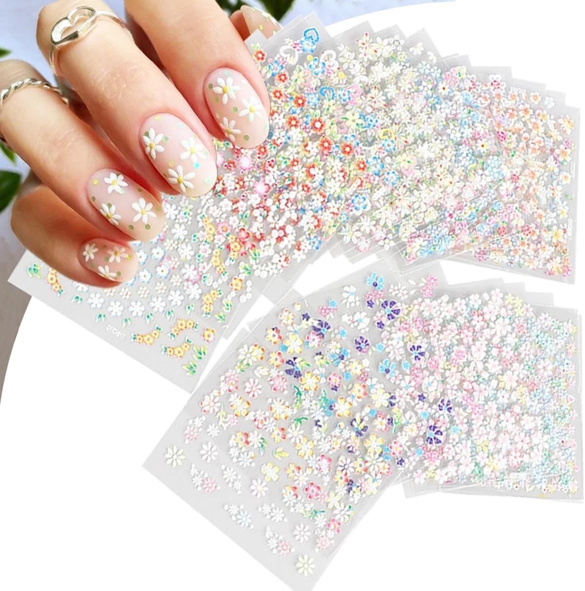 Self-Adhesive Nail Art Stickers with Colorful Floral Patterns and Hearts