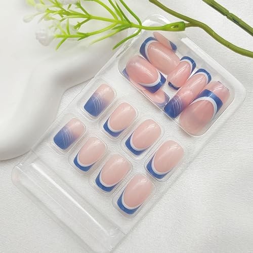 Blue Press on Nails Medium French Tip Fake Nails Square Glue on Blue French Tip