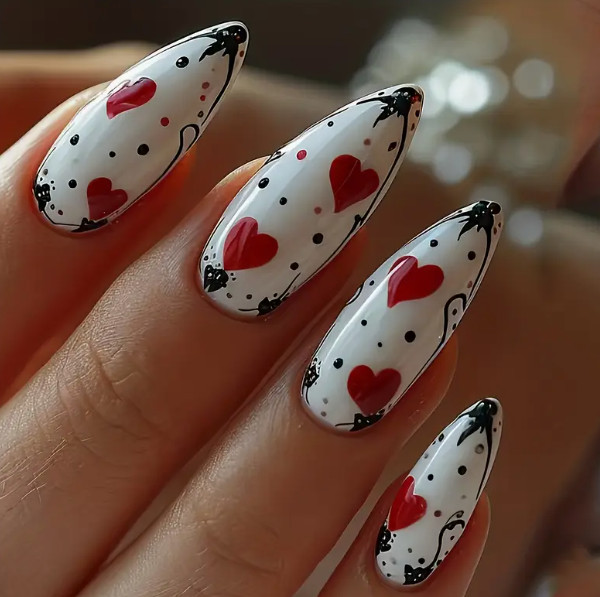 Valentines 24 Pcs Press-on Nails Long Almond Glossy White Red Hearts Black Dots