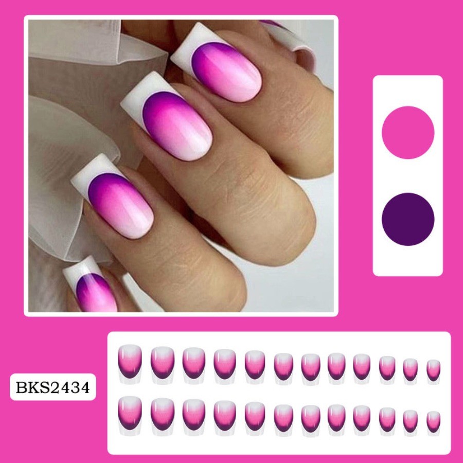 48pcs-Vibrant Gradient Nails with French Tip, Pink To Purple Ombre, Short Square
