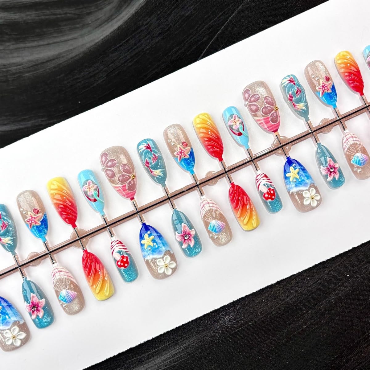 Summer Ocean Press on Nails Long Almond Fake Nails 3D Starfish Seashell Flowe…