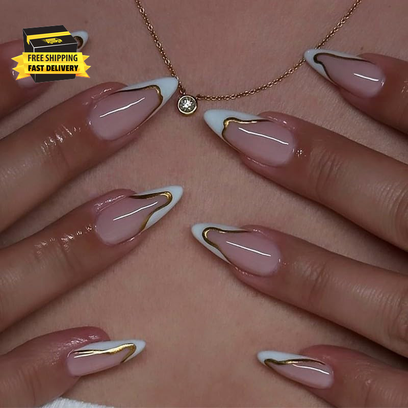 White French Tip Press on Nails Short Almond Fake Nails with Chrome 3D Gold Wave