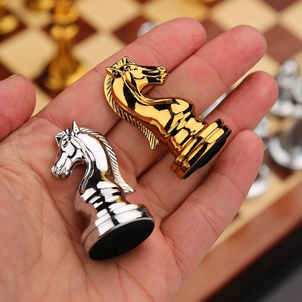 11Inch Large Deluxe Metal Chess Set – Portable Wooden 11 inches, Silver Gold
