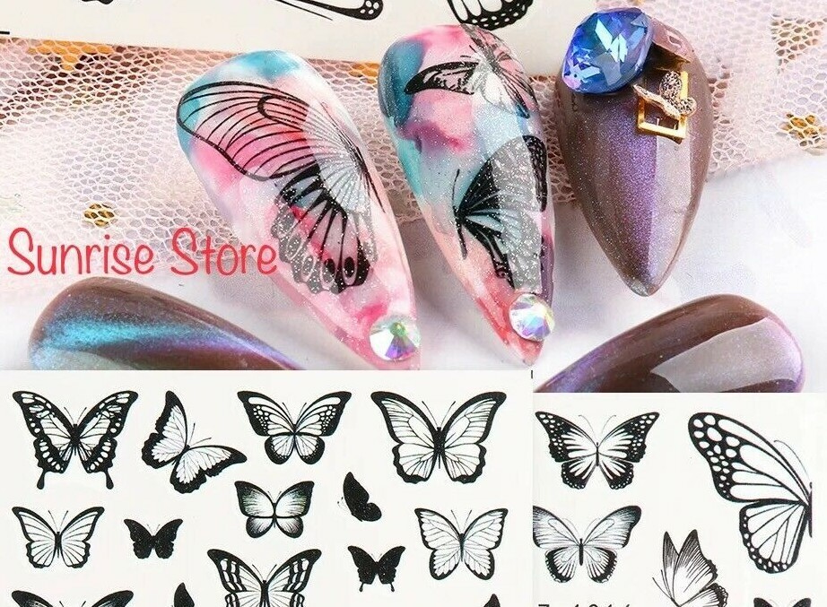 Bundle Sale Nail Art Water Transfer Stickers Black Butterfly Decals Manicure