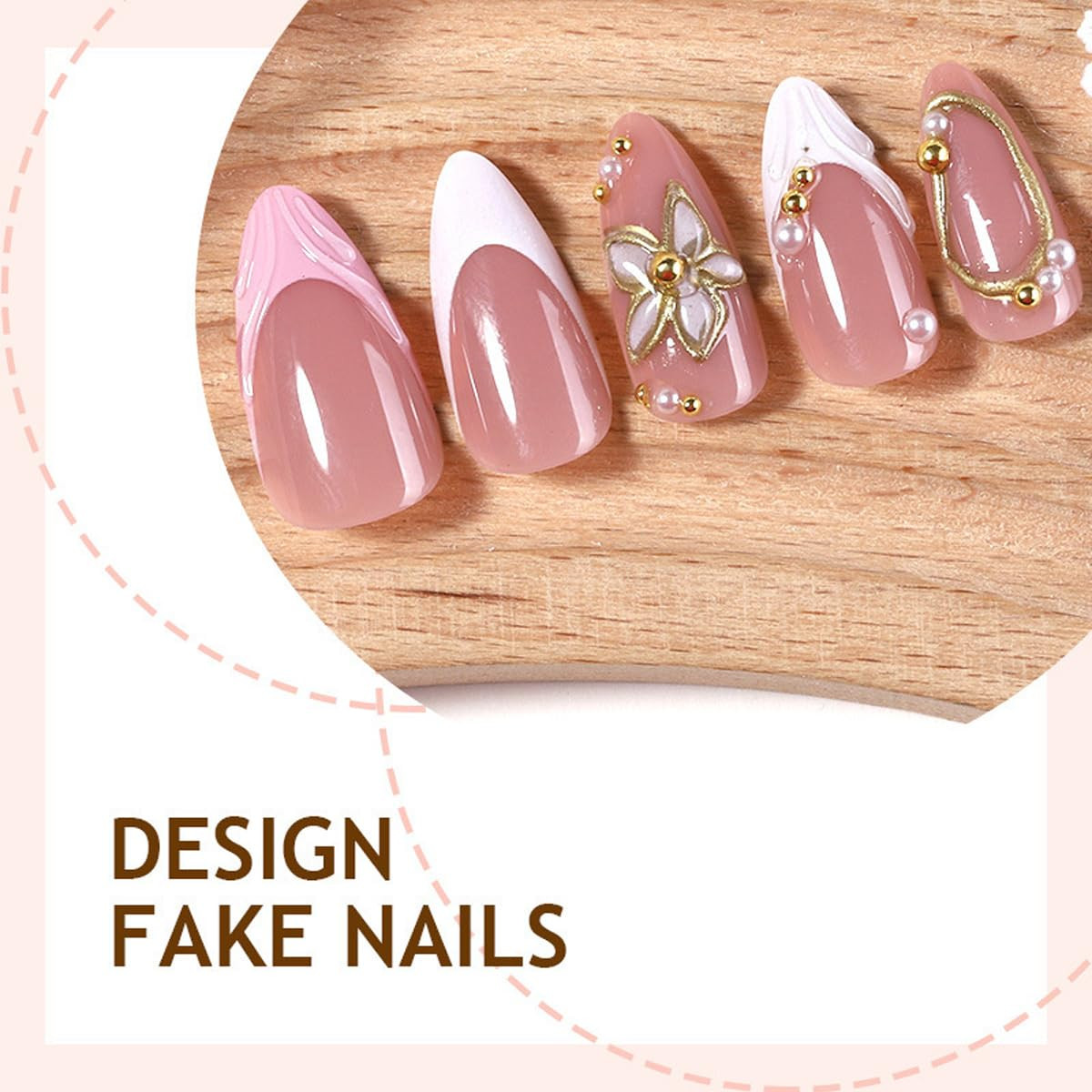 3D Wave French Tip Press on Nails – Medium Almond Fake Nails with Gold Flower |