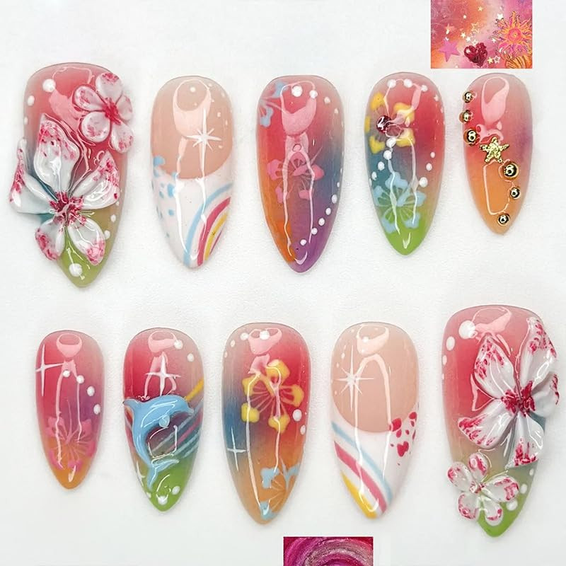 30Pcs Pink Flower Press on Nails Medium Almond Fake Nails 3D Floral with Gold Be