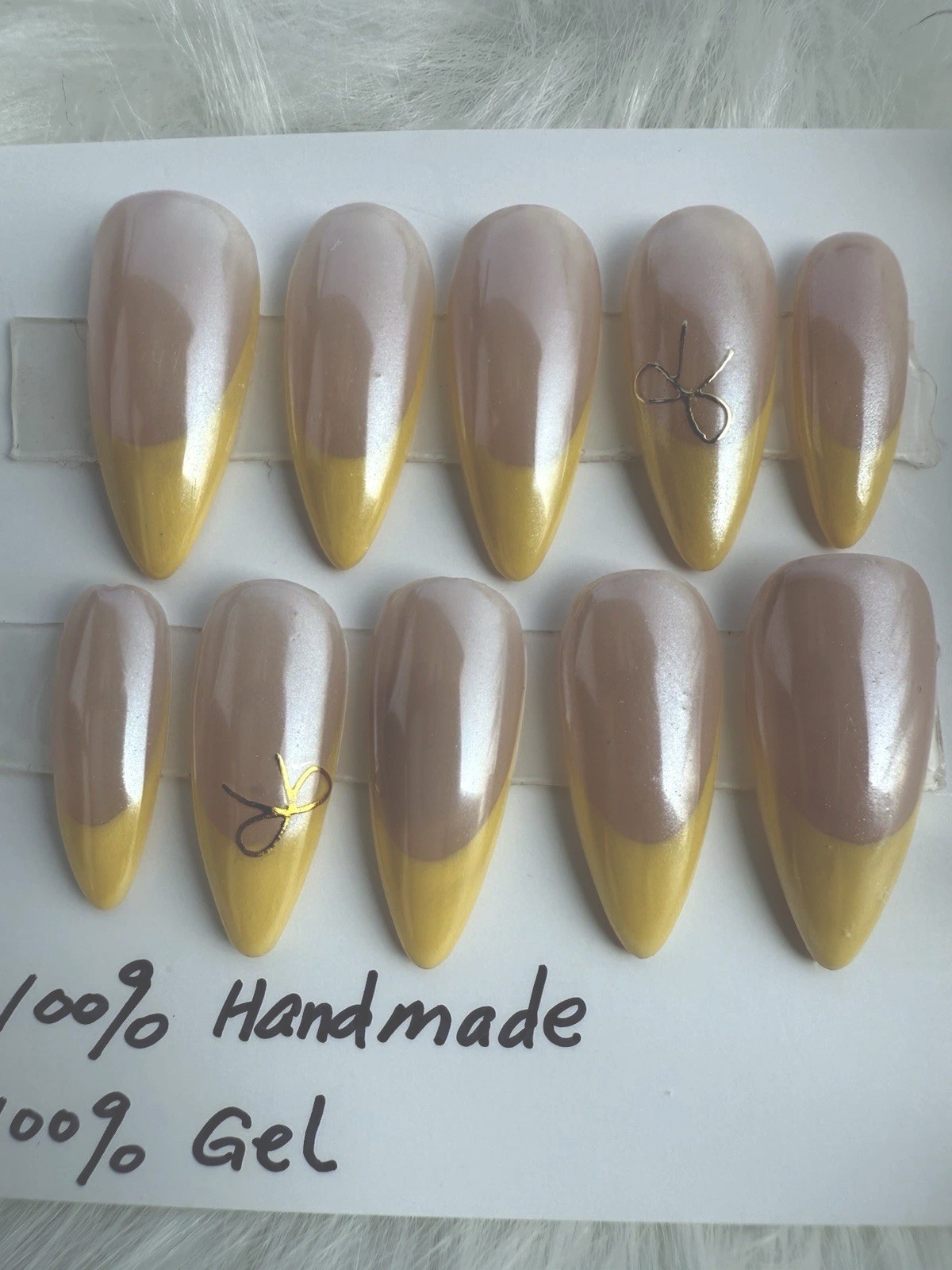 Handmade 10ps gel Press on Nails,Yellow French tip w chrome size Medium