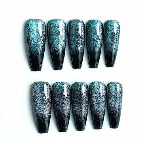 Glossy Press On Nails Long Coffin Blue Black Gradient Fake Nails for Women