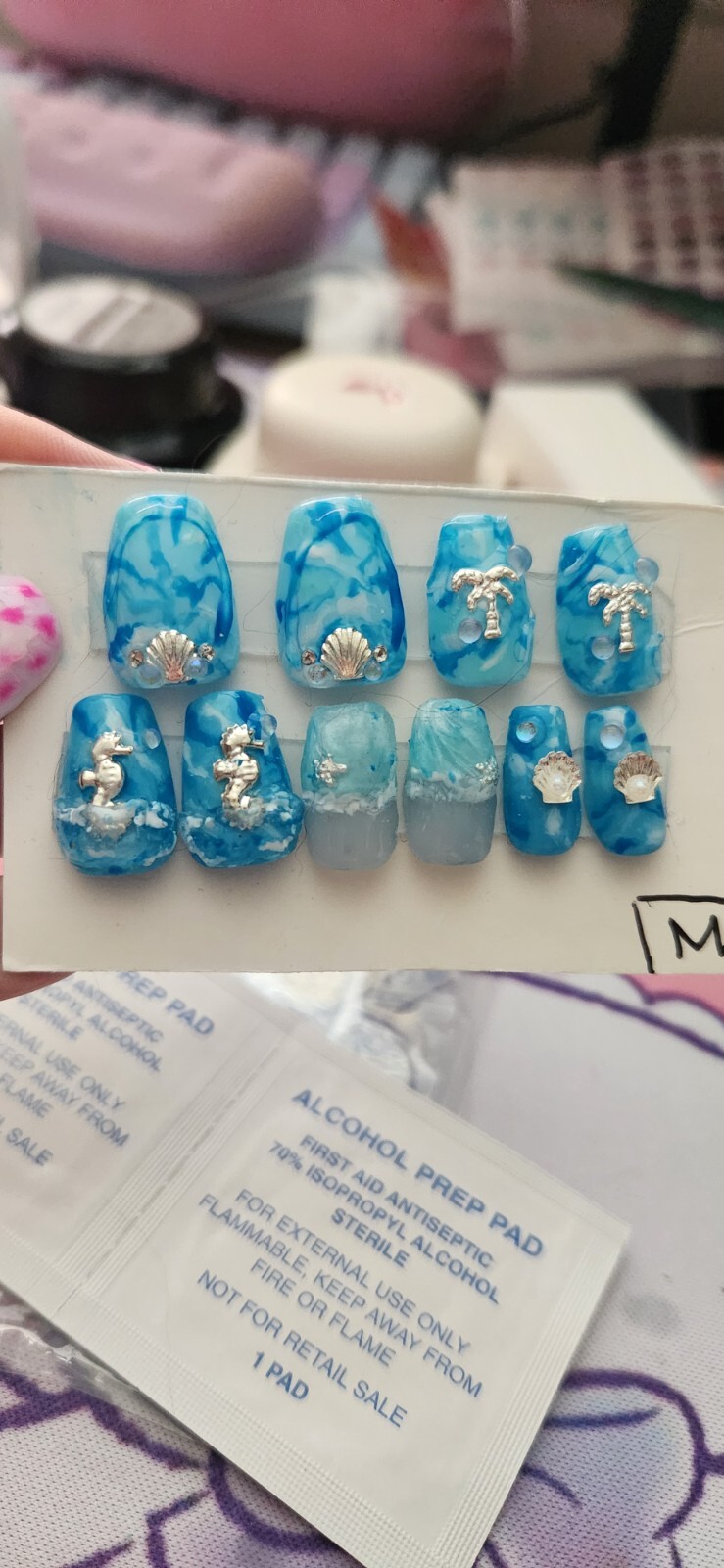 Hand Painted “Ocean Waves” theme Extra Short Coffin Press On Nails (Size M)