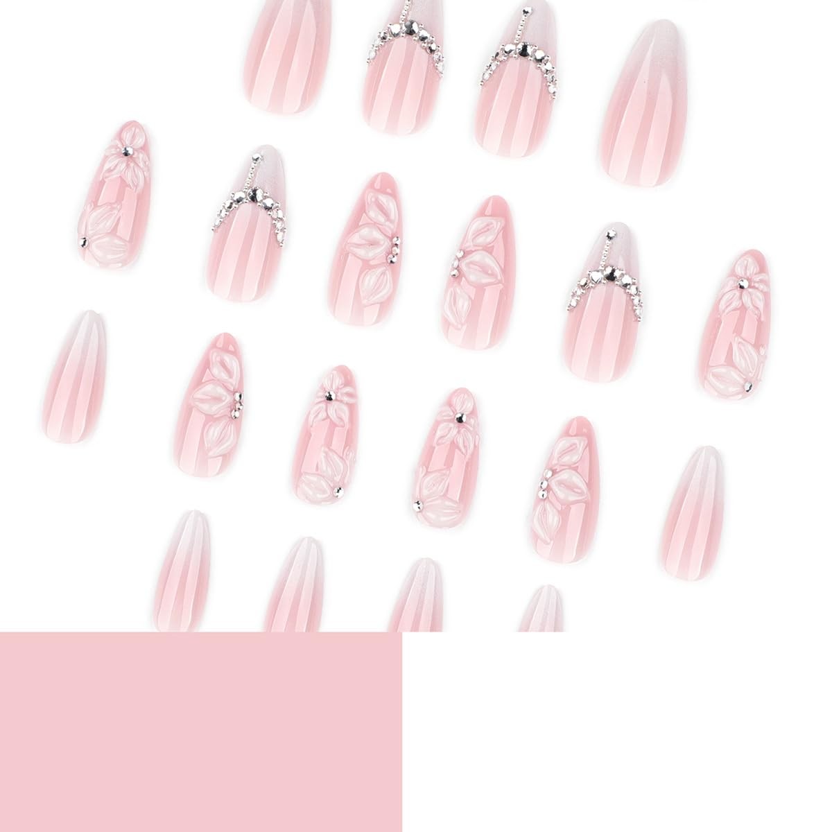 24Pcs White French Tip Press on Nails Medium Almond Fake Nails with Silver