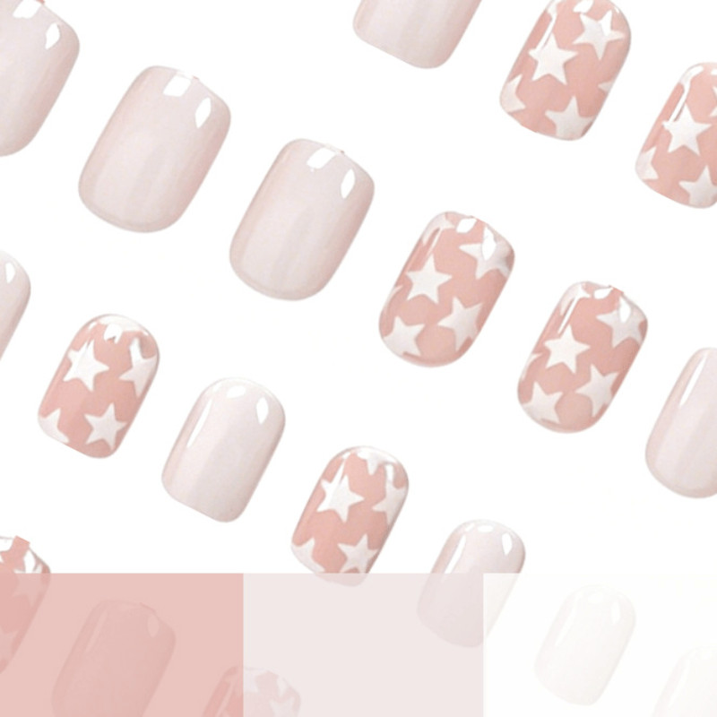 48pcs Short Almond Press on Nails, Nude Pink White Star Sweet Casual Nails