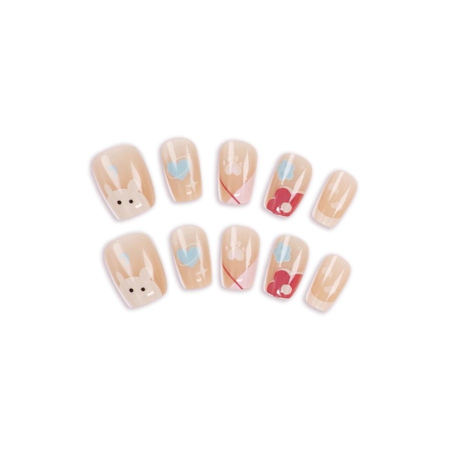 60Pcs Cute Bear Cartoon Press on Nails, Short Square Lovely Glossy Fake Nails