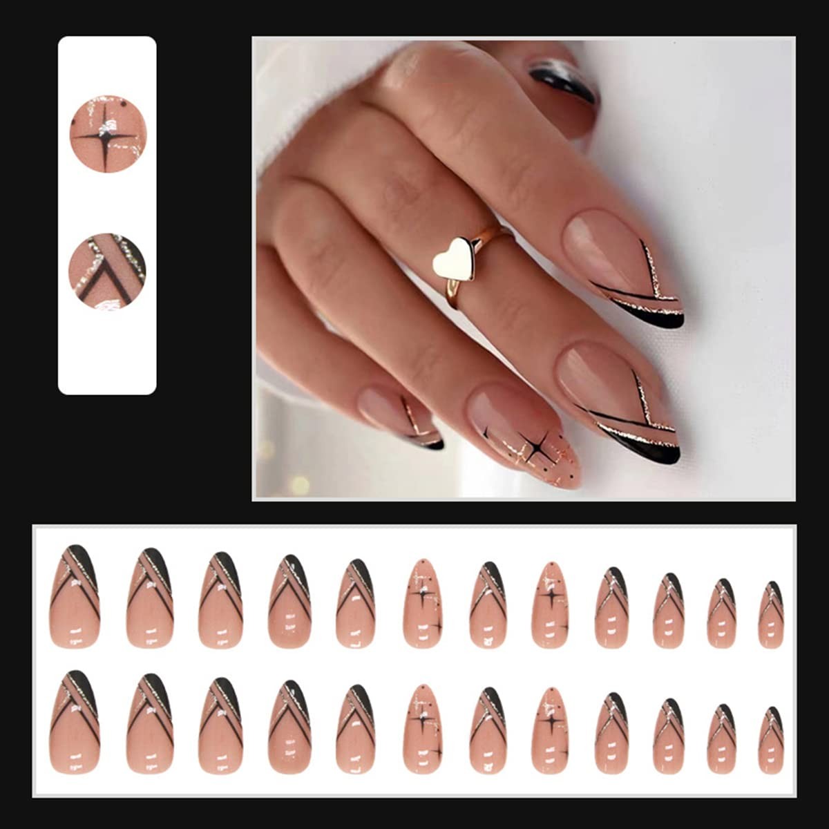 24Pcs Medium Long French Tip Press on Nails with Designs Glitter Almond Fake …