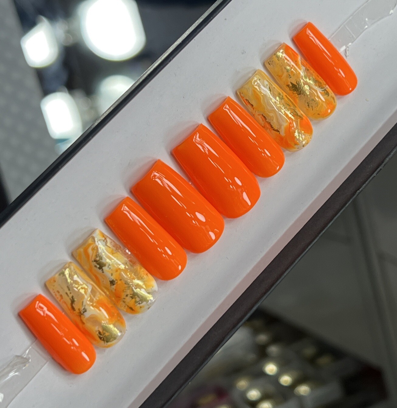 🧡 CUSTOM Hard Gel Press On Nails, BLAZING ORANGE W BLING 10p SET W Kit