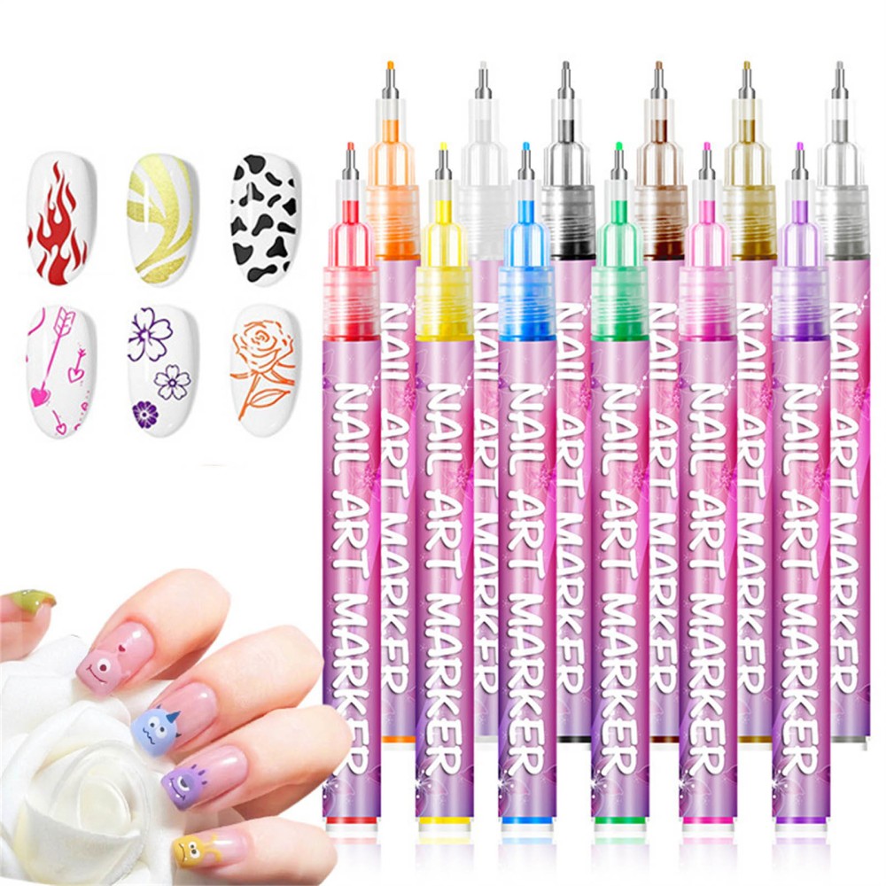 12Pcs Nail Art Pen Marker Set 0.5mm Extra Fine Tip Graffiti Drawing Embellishing