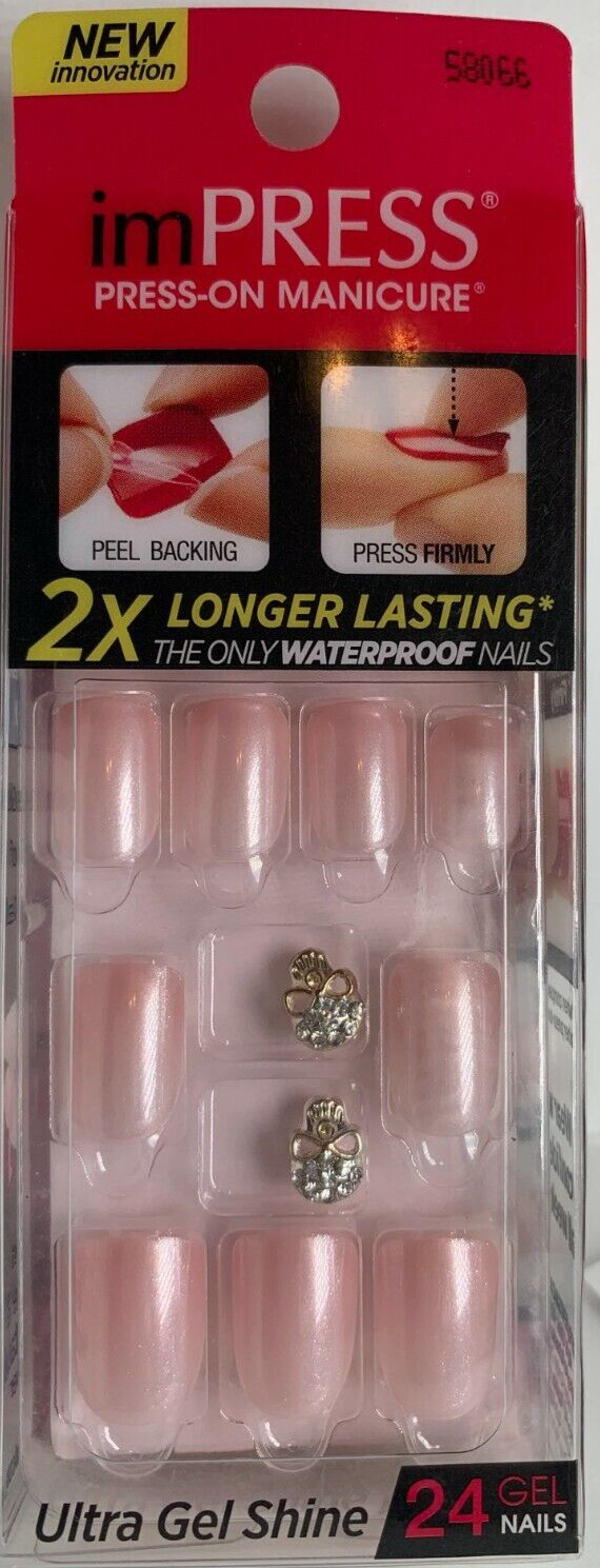 Impress Gel Manicure Press on Nails Short Metallic Shine Pink w/ skull charm