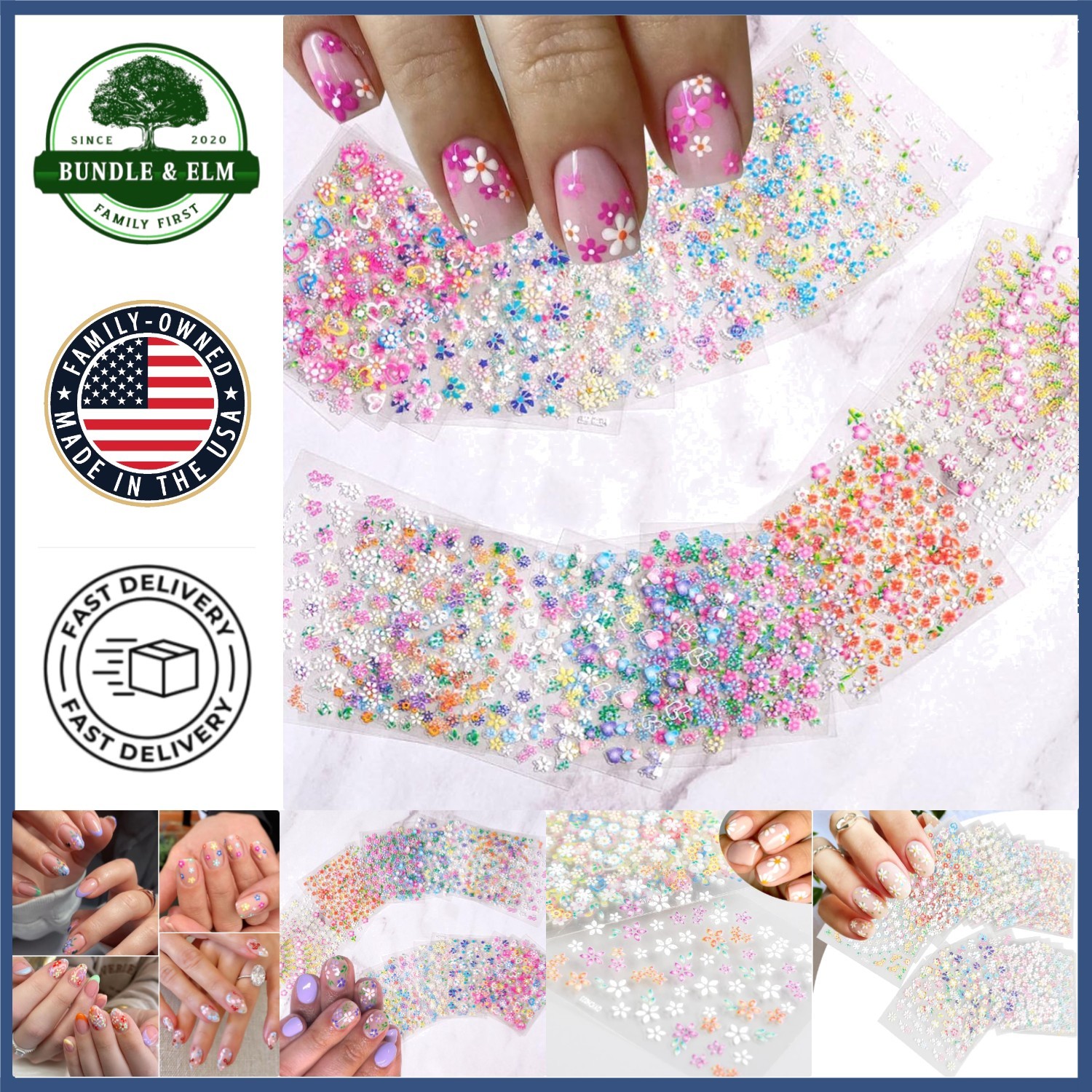 Self-Adhesive Nail Art Stickers with Colorful Floral Patterns and Hearts