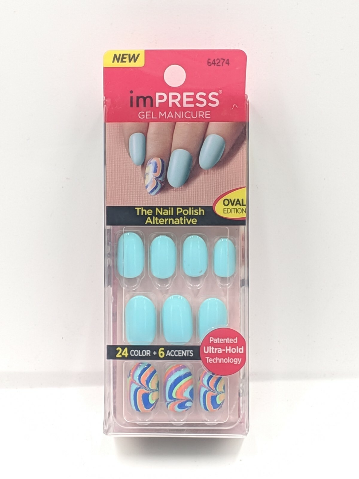 KISS imPRESS One-step Gel Manicure 24 Nails includes 6 Accents Oval Teal