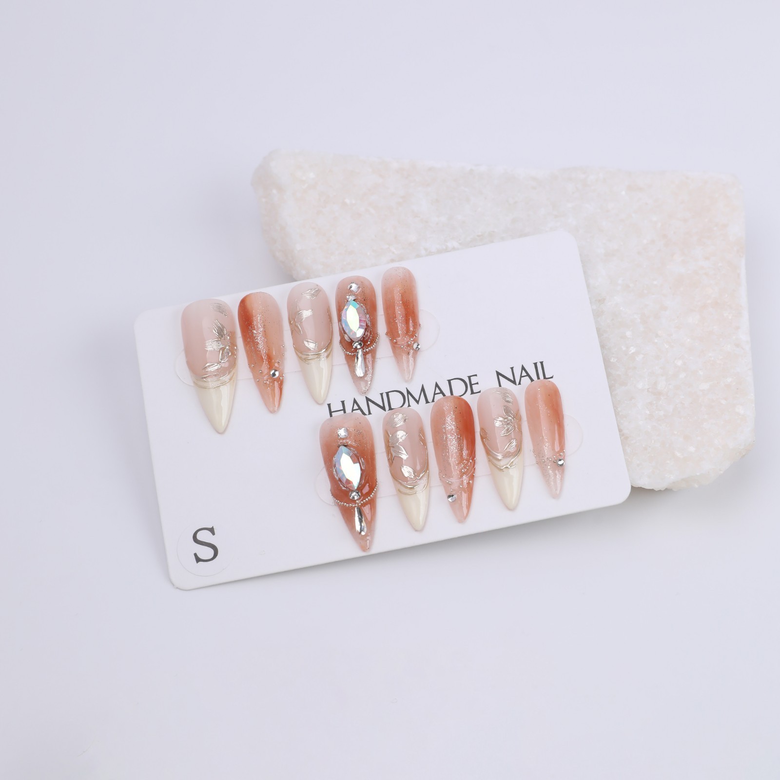 Honey Tea Pink Brown Ombre Press On Nails Medium Stiletto Gold Foil Rhinestone