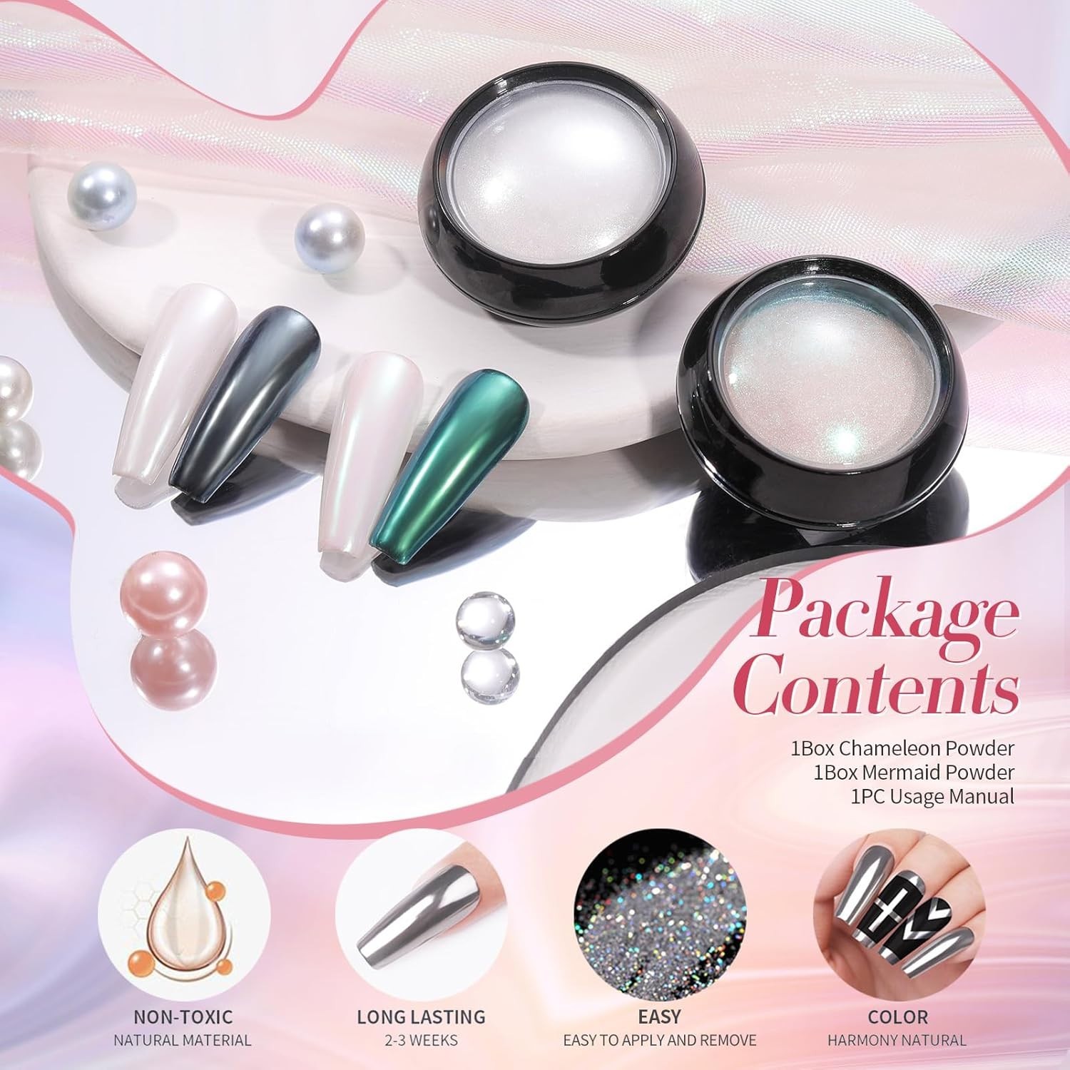 Irresistible White Pearl and Chameleon Nail Pigment Kits – 2 Boxes for Nail Art