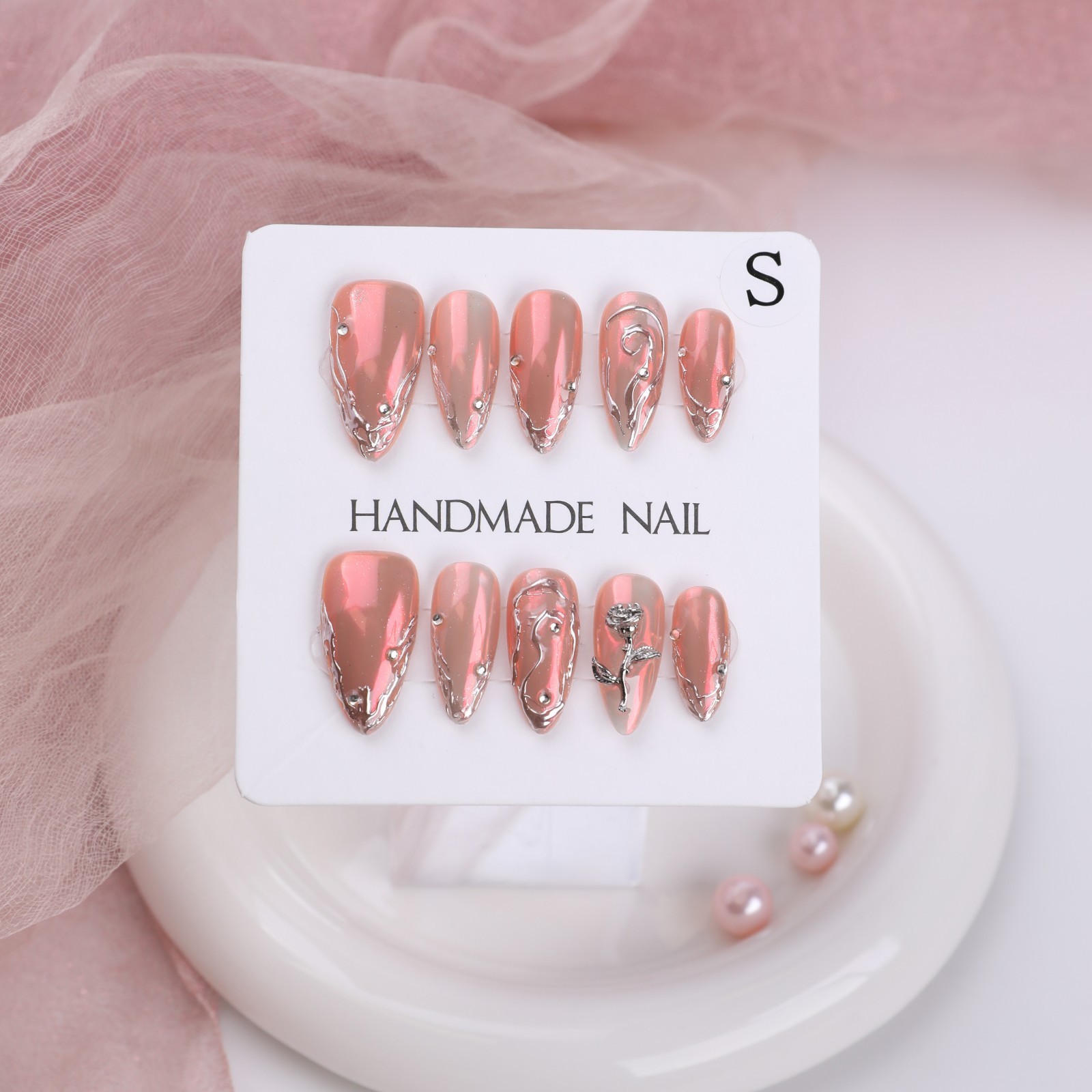 Handmade Chrome Pink Press On Nails Medium Almond 3D Metal Rose Y2K Punk Glam
