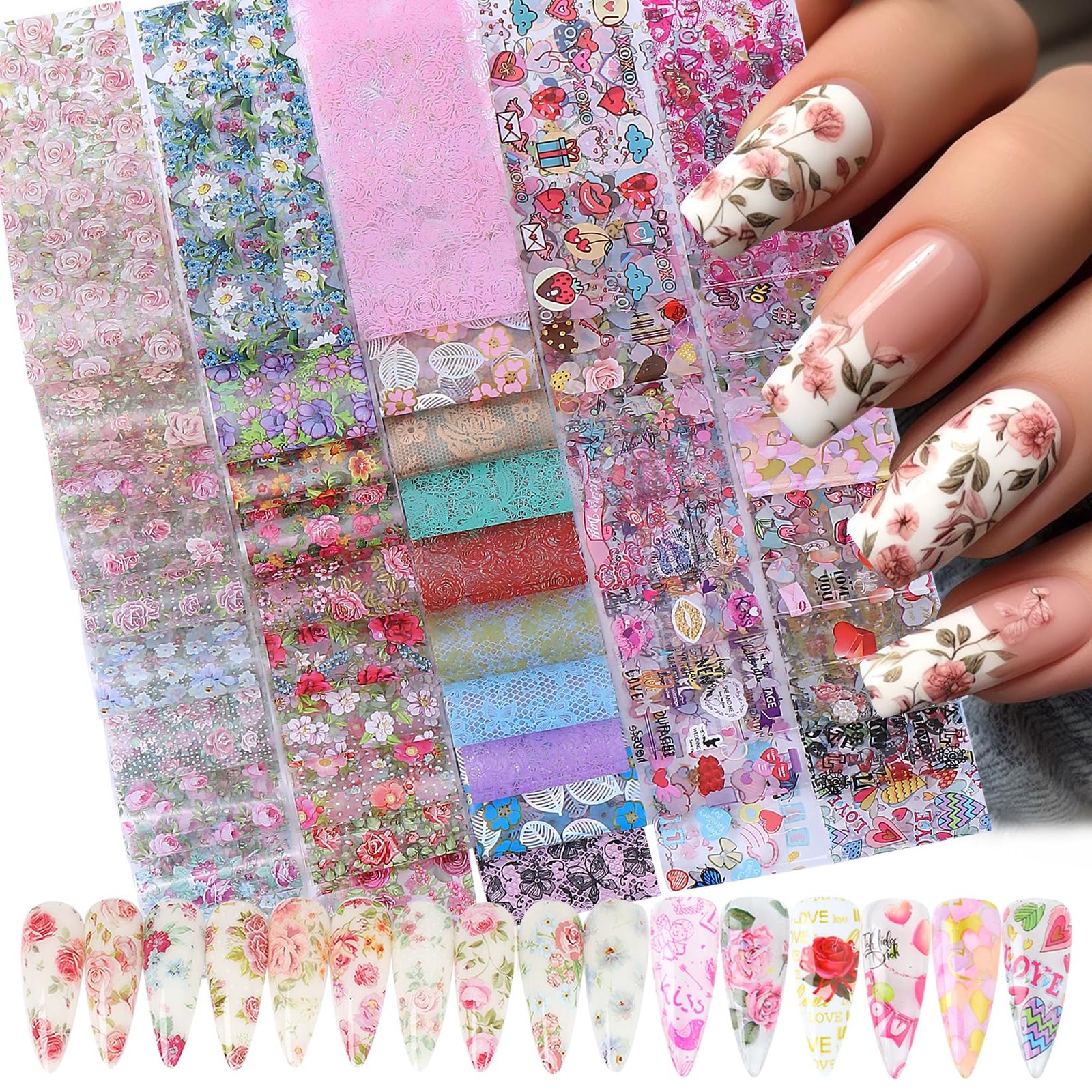 Rose Flower Nail Foil Transfer Nails Art 50PCS Valentine’s Day Nail Art Foils…