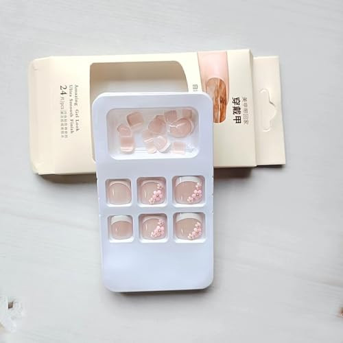 Pink Flower Press on Toenails White French Tips Fake Toe Nails Short Nude