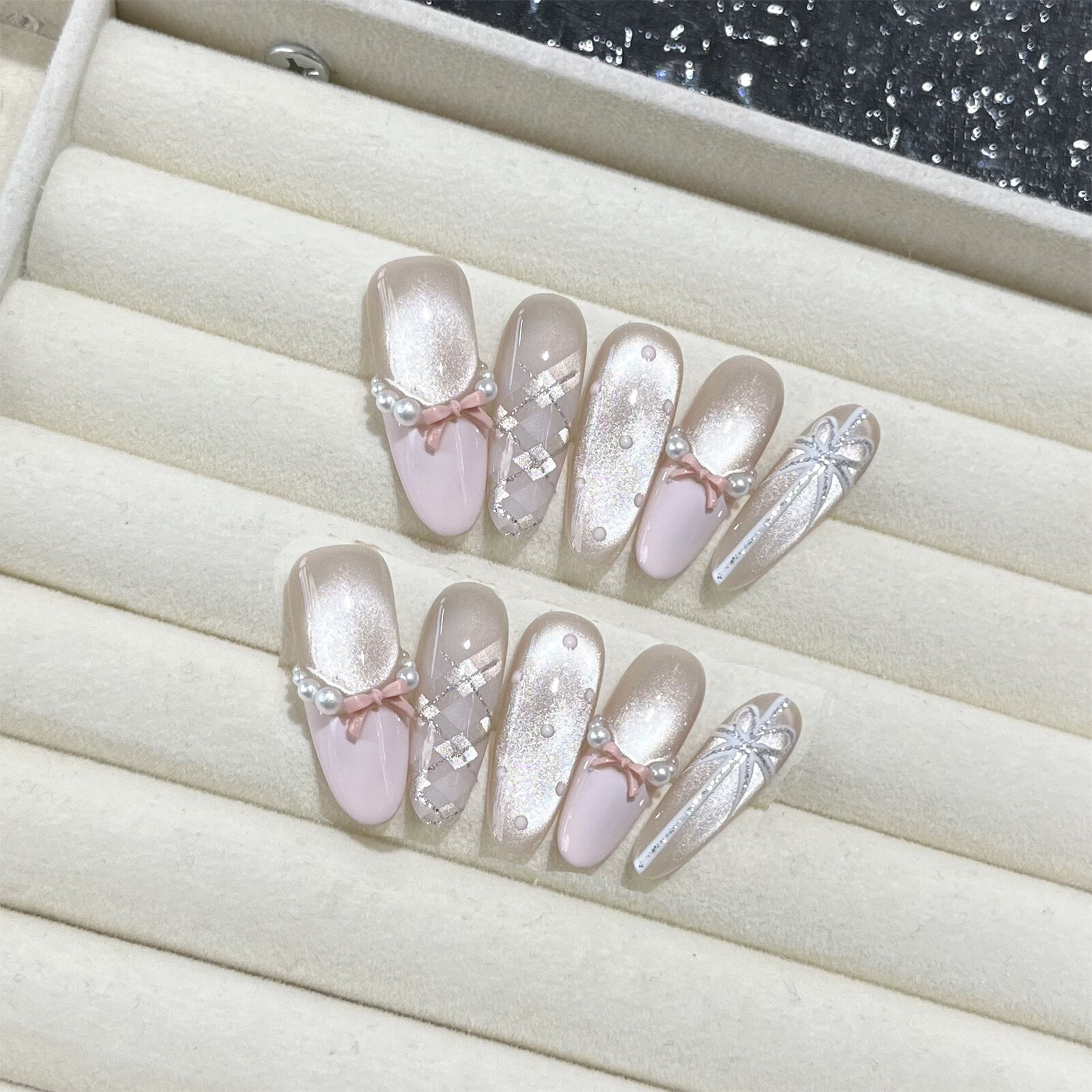 Handmade False Nail French Pink Clear Cat Eye Checkered 3D Bow Press On Nail